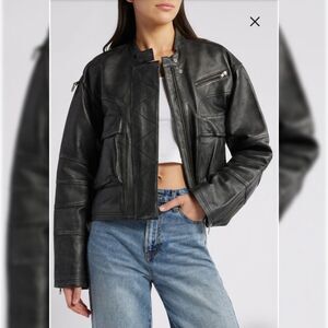 We the Free Free People Adrienne Bomber Jacket in Black Sheep Leather NWT‎